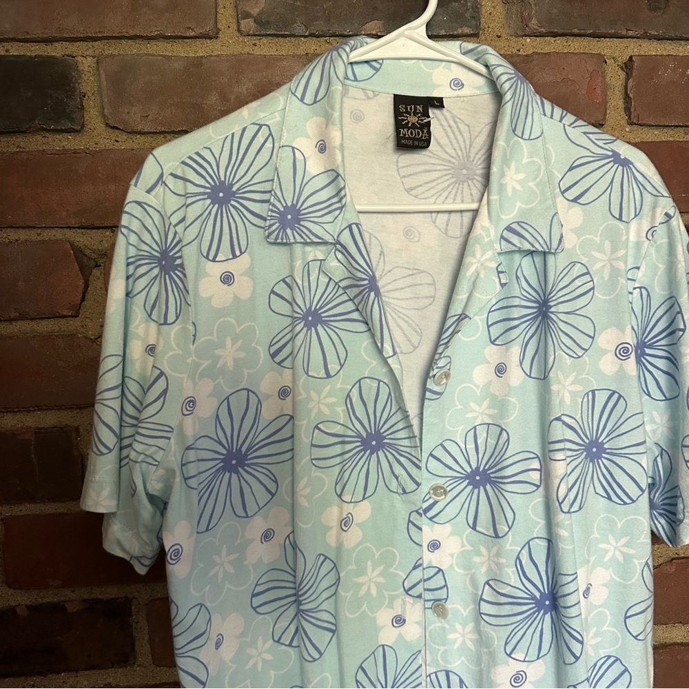Vtg Sun Moda | Blue Tropical Floral Made in USA -large -44 Chest -23” Long